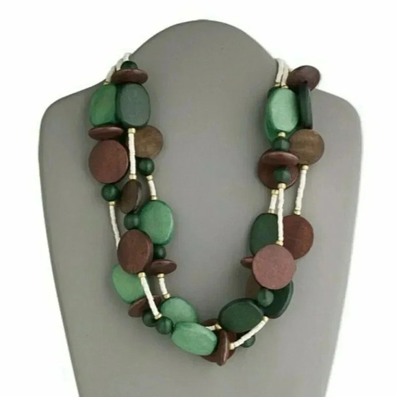 Handmade Chunky Green Brown Ethnic Wood Triple Strand Necklace - Picture 1 of 1